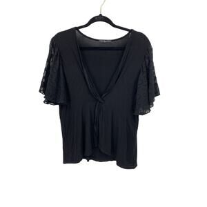 Kim & Cami Top Womens Large Black Deep V Twist Front Sheer Flutter Sleeve Peplum